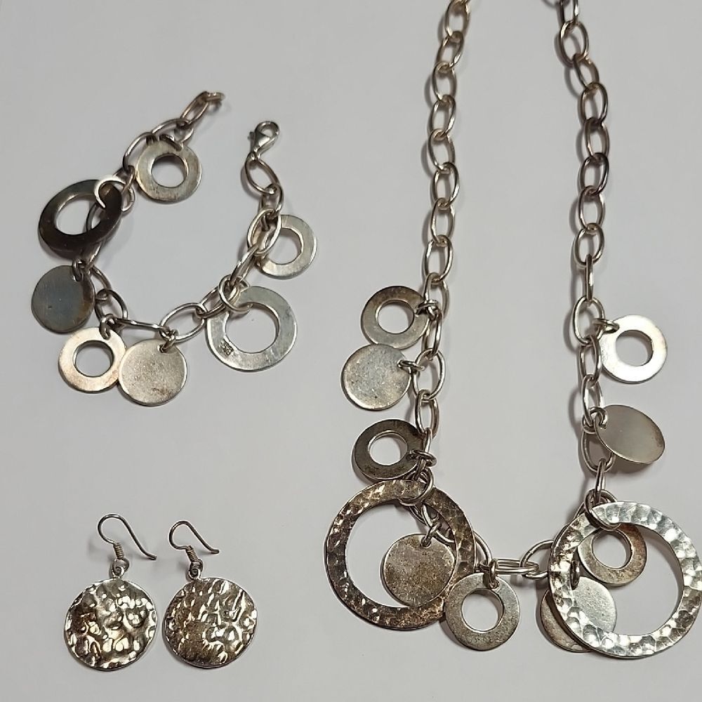 Sterling Silver Circle Necklace, Bracelet & Earring Set Mexico 925 Over 100 Gram